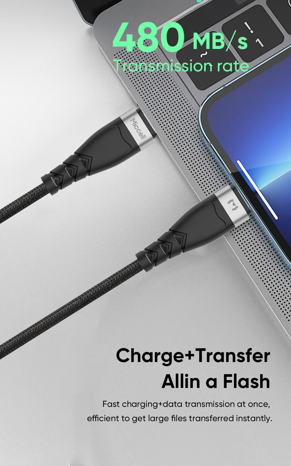 Cable de Carga Rápida 2.4A y Transmisión de Datos Ultra Resistente (480 Mbps)
