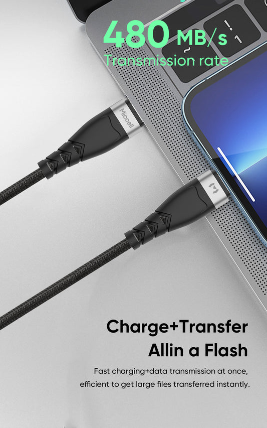 Cable de Carga Rápida 2.4A y Transmisión de Datos Ultra Resistente (480 Mbps)