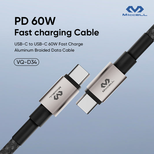 Cable de Carga Rápida PD 60W Tipo C a Tipo C de Malla Trenzada