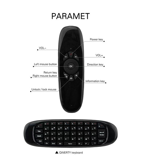 Control Remoto Air Mouse Inalámbrico con Teclado QWERTY 3 en 1
