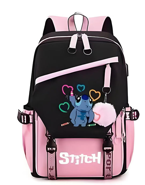 Mochila Escolar y Juvenil de Stitch con Llavero de Pompon