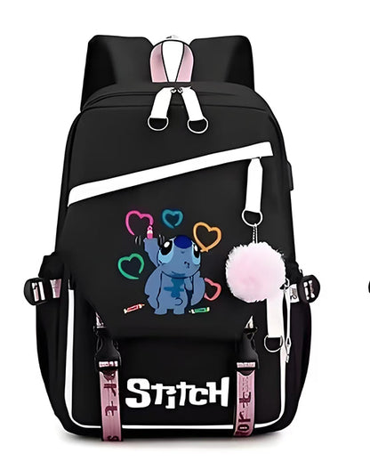 Mochila Escolar y Juvenil de Stitch con Llavero de Pompon