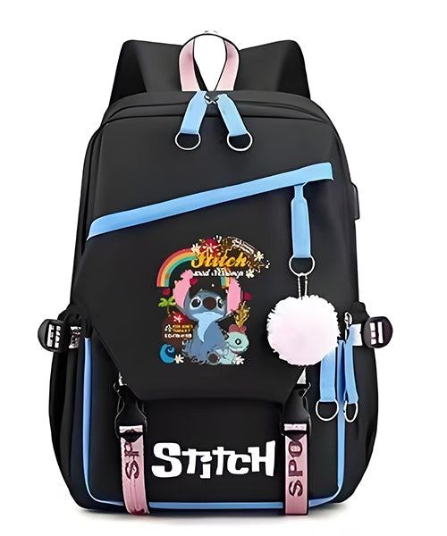 Mochila Escolar y Juvenil de Stitch con Llavero de Pompon