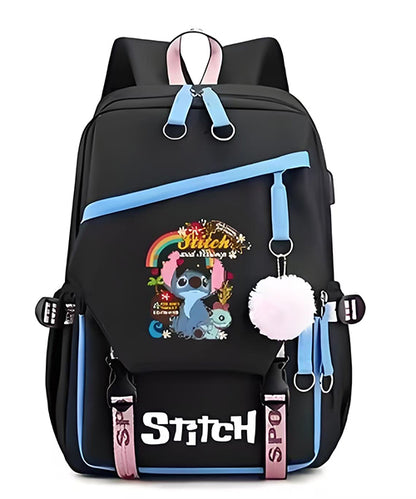 Mochila Escolar y Juvenil de Stitch con Llavero de Pompon