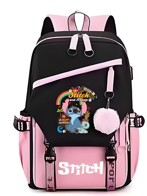 Mochila Escolar y Juvenil de Stitch con Llavero de Pompon