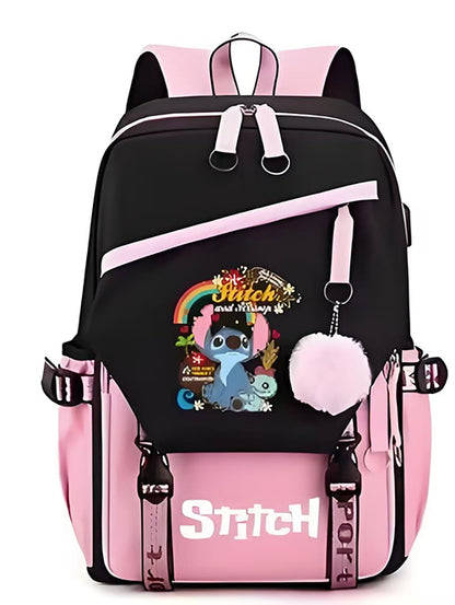 Mochila Escolar y Juvenil de Stitch con Llavero de Pompon