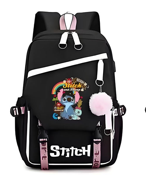 Mochila Escolar y Juvenil de Stitch con Llavero de Pompon