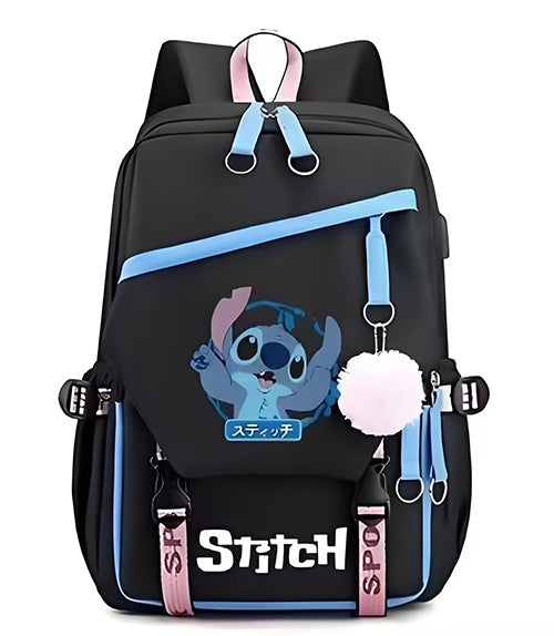 Mochila Escolar y Juvenil de Stitch con Llavero de Pompon