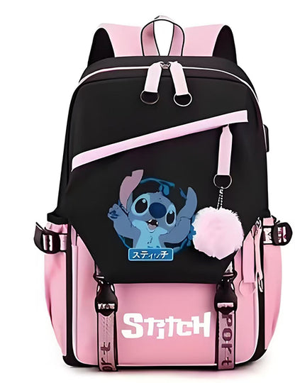 Mochila Escolar y Juvenil de Stitch con Llavero de Pompon