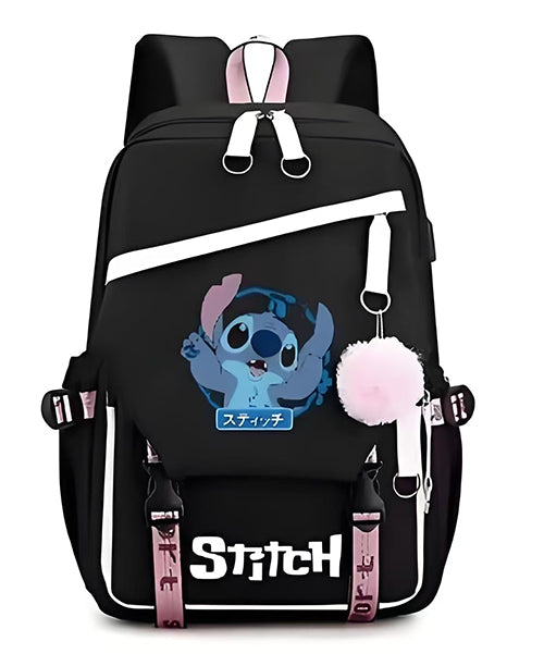 Mochila Escolar y Juvenil de Stitch con Llavero de Pompon