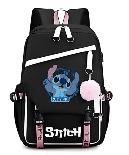 Mochila Escolar y Juvenil de Stitch con Llavero de Pompon
