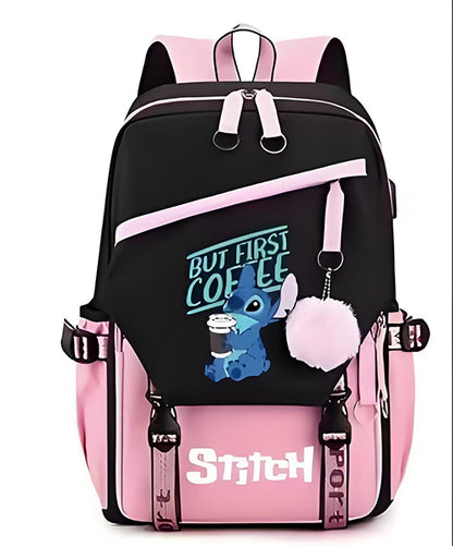 Mochila Escolar y Juvenil de Stitch con Llavero de Pompon