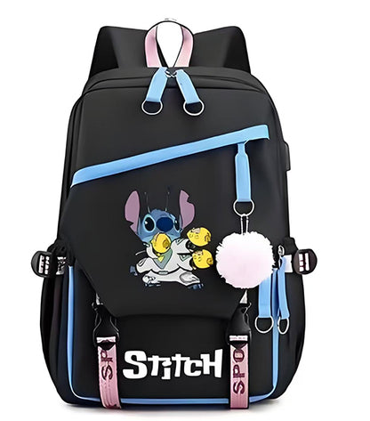 Mochila Escolar y Juvenil de Stitch con Llavero de Pompon
