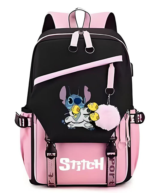 Mochila Escolar y Juvenil de Stitch con Llavero de Pompon