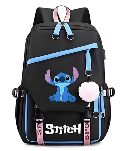 Mochila Escolar y Juvenil de Stitch con Llavero de Pompon