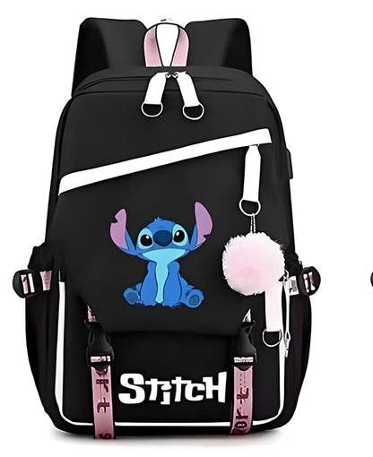 Mochila Escolar y Juvenil de Stitch con Llavero de Pompon